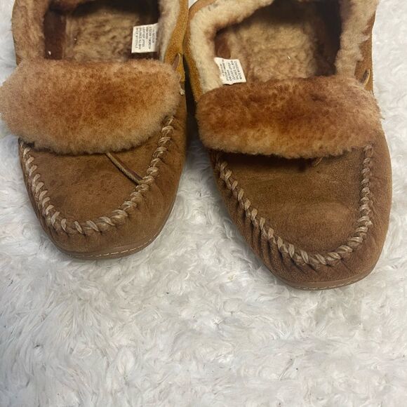 LLBean Men’s leather Suede tan Moccasin Slippers shearling lining SZ10M - Picture 10 of 11